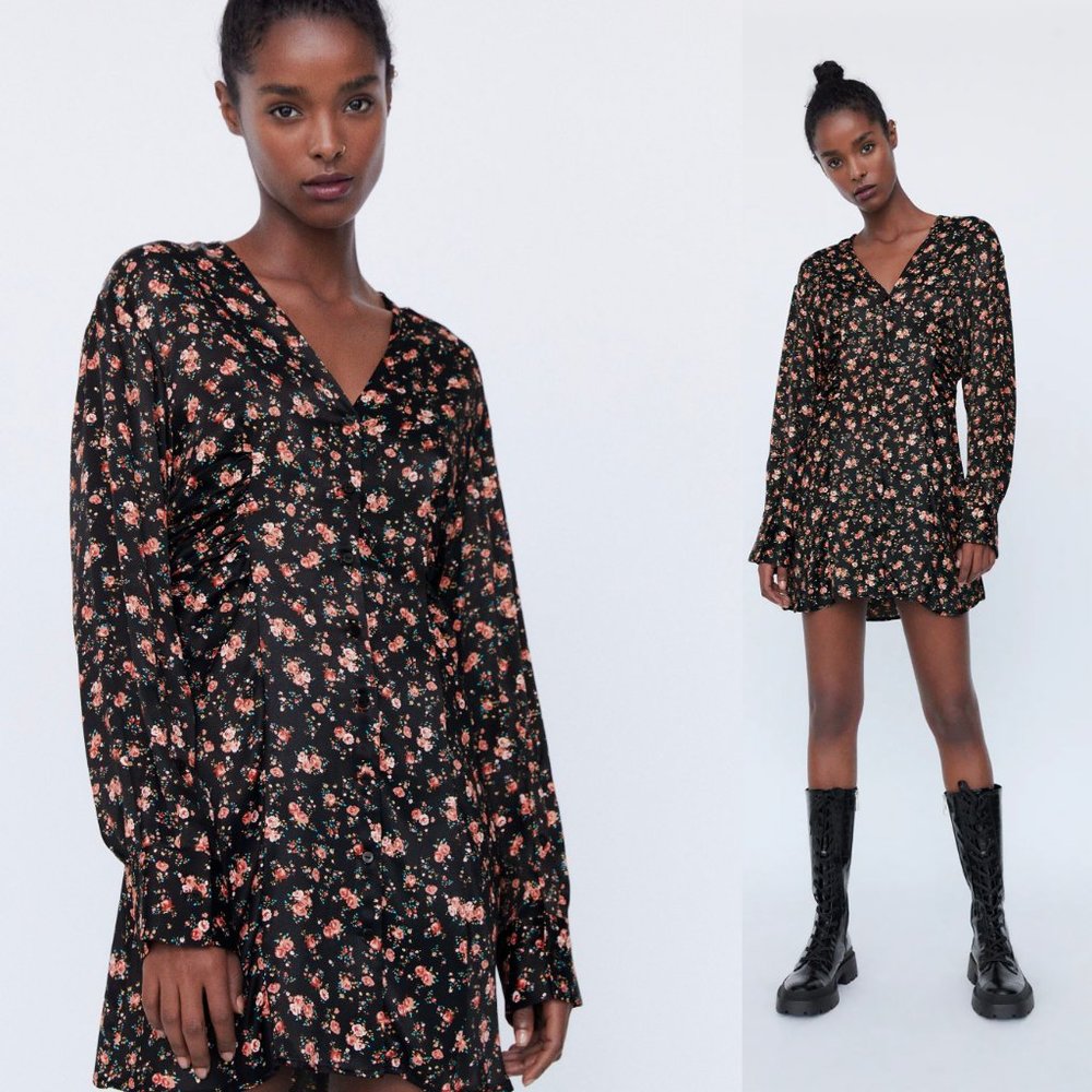 ZARA Black Floral Long Sleeve Mini Dress - size XS